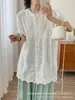 Camisa de mujer simple y versátil de verano, estilo vintage, corte holgado, con cuello de encaje y múltiples pliegues