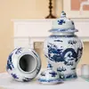 Jarra grande con patrón de dragón azul y blanco con tapa, adorno de cerámica estilo retro chino para recibidor feng shui, en stock en la fábrica
