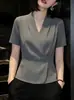 Camisa Elegante Estilo Commuter para Mujer Talla Grande Adelgazante con Cuello en V y Cintura Ajustada, Nuevo Top de Moda Popular Verano 2026
