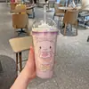 Taza de agua de plástico con diseño nuevo y atractivo de dibujos animados Sanrio, taza con popote, taza de doble capa, taza con lentejuelas para triturar hielo