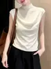 Chaleco de Punto sin Mangas con Cuello Blanco Medio Alto Estilo Francés para Mujer, Top Delgado Versátil de Verano, Top Estilo Francés