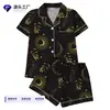 Fabricante de Conjunto de Pijama Cardigan Preto de Seda Leite Transfronteiriço Europeu e Americano para Mulheres, Shorts de Manga Curta, Roupa de Casa Casual Respirável