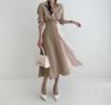 Chic Coreano Principios de Primavera Estilo Francés Lujo Ligero Moda Elegante Nicho Bloqueo de Color Ceñido a la Cintura Adelgazante Vestido Camisa Vestido Largo para Mujer