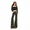 Traje de mezclilla transfronterizo para mujer, con estampado de camuflaje, chaqueta ligeramente acampanada, corte ajustado estilo americano, pantalón largo de camuflaje y chaqueta de camuflaje de longitud extendida