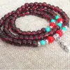 Pulsera original hecha a mano con cuentas de imitación de granate de 6 mm, pulsera de cuentas largas multicapa, pulsera de plata Miao de tres capas