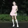 Vestido Francês sem Mangas com Gola Alta Infantil Verão 2025 Nova Chegada Cintura Ajustada Saia Tutu Elegante Florido Saia Bolha