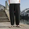 Calças esportivas folgadas, calças harém casuais de algodão e linho, tamanho grande, estilo chinês, calças cropped para homens, ramie fino respirável de verão