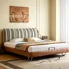 Cama de Madeira Maciça Retrô Francesa Cama de Casal com Tecido Quarto Principal 1,8m Cama de Casamento Estilo Vintage Bauhaus Cama Estofada em Chenille