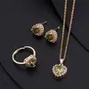 Elegante Juego de Joyería Chapado en Oro con Zirconia Colorida Micro-Incrustada, Collar Redondo, Anillo, Pendientes, Exquisito Colgante de Zirconia Colorida