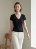 Md26 Nova Camiseta de Verão Estilo Resort Francês Cor Sólida Decote V Detalhe em Renda Manga Curta Camiseta 06280350800