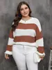 Roupas femininas plus size transfronteiriças europeias e americanas, suéter de tricô listrado com blocos de cor, top de tricô casual solto para mulheres