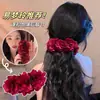 Pinza de plátano con flor roja del mismo estilo de Yi Mengling para mujer, pinza de tiburón de alta gama para pelo semirrecogido, pasador grande, pasador