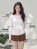 Camiseta Feminina Manga Longa Lisa Gola Redonda Solta Outono Inverno Inicial Leve Algodão Floco de Neve Camada Base Temperamento Suave Versátil