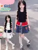 Conjunto Deportivo Estilo Preppy para Niñas Verano 2026 Nuevo Conjunto de Dos Piezas Dulce con Top sin Mangas y Falda a Rayas para Niños