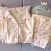 Directo de fábrica [47 patrones] cárdigan de doble capa de algodón nube con solapa, ropa de casa de verano de manga larga y pantalones largos