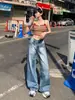 Calça Jeans Feminina Estilo Americano Retrô Cintura Baixa Perna Larga Outono 2024 Nova Solta Emagrecedora Versátil Calça Mergulhada