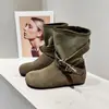 Botines casuales planos para mujer, nuevo estilo otoño 2026, botas western vaqueras ajustadas con tacón de bloque, hebilla de cinturón y suela gruesa