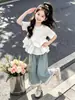 Conjunto de Dos Piezas para Niña Estilo Princesa Verano con Blusa con Volantes y Pantalones de Pierna Ancha 2026 Nuevo Elegante Moderno Conjunto Delgado