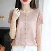 26 Novos Modelos de Camisetas de Tricô Finas de Manga Curta com Recortes Emagrecedoras da Moda para Mulheres, Tops Femininos de Lyocell Finos para o Verão, Plus Size