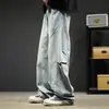 Jeans rectos de peso pesado para hombre, pantalones casuales tipo papá lavados vintage de primavera, pantalones de trabajo anchos sueltos de la alta calle americana