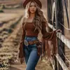 Camiseta de Mujer de Hombros Descubiertos con Borlas Estilo Western Vintage
