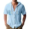 Amazon Nova Camisa Masculina de Manga Curta Algodão Linho Cardigan com Capuz Moda Esporte Casual Cor Sólida Solta