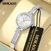 Mokago relógio feminino versátil temperamento mostrador madrepérola pulseira de metal relógio incrustado com strass formato de coração moderno relógio de quartzo atacado