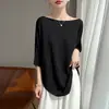 Camiseta Fina de Tricô de Seda de Gelo de Manga Meia-Manga com Decote em U de Linha Única de Alto Padrão Estilo Francês para Mulheres, Verão 2026, Top Solto e Fresco