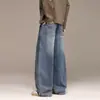 Jeans masculino estilo americano, patchwork lavado, perna curva, coleção outono 2026, corte solto, perna larga, tendência, versátil, calça longa