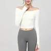 Ropa Exterior Deportiva de Manga Larga Ajustada para Mujer, Top para Yoga y Fitness, Camiseta de Running, de Venta Caliente Primavera y Verano, Hombros Descubiertos, Cierre de Corbata en el Pecho