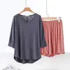 Algodón Transpirable Holgado Casual Ropa de Casa Verano Delgado Talla Grande Mangas de Murciélago Holgadas para Mujer Cuello en V Shorts Conjunto de Dos Piezas