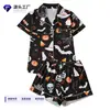 Cardigan Cruzado Europeu e Americano de Seda Leite com Estampa Única Pijama Feminino, Shorts de Manga Curta, Roupa de Dormir Casual Respirável, Roupa de Casa