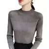 2024 Nuevo Invierno Cuello Alto Medio Estilo Francés Manga Larga Tejido de Punto Slim Camiseta Base para Mujer Tejido de Punto Negro Trbottomy