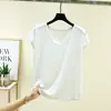 Nueva camiseta fina de verano para mujer con cuello en V y manga corta de seda ecológica, adecuada para usar en capas, estiliza la figura y se puede usar como prenda exterior con diseño de hombro normal