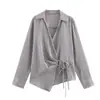 Atacado Transfronteiriço Roupas Femininas Estilo Europeu e Americano Za Aliexpress Popular Camisa de Lapela com Listras Cruzadas e Amarração Lateral de Botão Duplo
