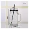 Em estoque copo de vidro Mason copo para bebidas copo de vidro quadrado com alça copo para drinks copo para milkshake copo para bebidas copo com canudo copo de gelo crisântemo