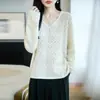 Suéter de tricô casual com vazados estilo francês para mulheres, gola V, modelagem solta, malha fina, blusa base fina, top de manga longa