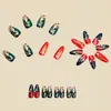 Rojo y Verde Navideño Moda Estilo Ins Europeo y Americano Uñas Redondas Almendradas Elementos Navideños Polvo Dorado Parches de Uñas de Alta Gama
