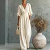 Macacão feminino elegante de gola V com ajuste na cintura, novo para primavera/verão 2026, transfronteiriço europeu e americano, estiloso, para Amazon