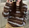 Suéter Cárdigan Pulóver Retro Patchwork Color Block Rayas Finas, Ajuste Holgado Casual, Tejido Versátil de Moda, Estilo Coreano Adelgazante