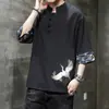 Camiseta Masculina de Verão Linho Estilo Chinês Bordada Manga Curta Cropped Tamanho Grande Solta Gola V Algodão Linho Manga Curta Masculino