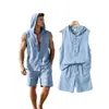 Conjunto europeo de verano para hombre sin mangas con capucha, de algodón y lino, top y shorts para hombre, atuendo casual holgado para vacaciones