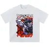 Camiseta com estampa de anime, lavagem desgastada, ombro caído, corte solto, estilo high street hip-hop, top casual de manga curta para adolescentes, em estoque