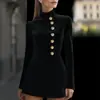 Vestido de otoño de manga corta, color liso, cuello alto, corte ajustado, abotonado, estilo nuevo, negro