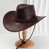 Chapéu de cowboy ocidental de couro sintético masculino e feminino, chapéu curvo de aba larga com corda trançada exclusiva, chapéu de equitação para férias