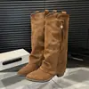 Botas de Vaquero Western Puntiagudas Retro con Tacón Grueso para Mujer 2026 Otoño/Invierno Nuevas Botas Largas Versátiles Altas Hasta la Rodilla Botas Arrugadas