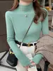 Camiseta Térmica de Punto con Cuello Medio Alto Roscado para Mujer, Top Interior Básico Ajustado, Suéter Blanco de Primavera Otoño