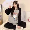 Pijama de Primavera y Otoño para Mujer, Cuello Redondo Holgado, Lindo Ropa de Casa de Hello Kitty, Conjunto de Dos Piezas Sencillo Casual de Pantalones Largos y Manga Larga