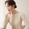 Suéter de malha feminina com gola alta de renda e cashmere, modelagem solta e elegante, de manga longa, para afinar a silhueta, camada base de lã elegante