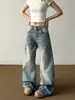 Jeans Rectos Azules Retro de Doble Botón para Mujer Petite Estilo Otoño Cintura Alta Holgados con Caída Adelgazantes de Pierna Ancha Pantalones Largos hasta el Suelo